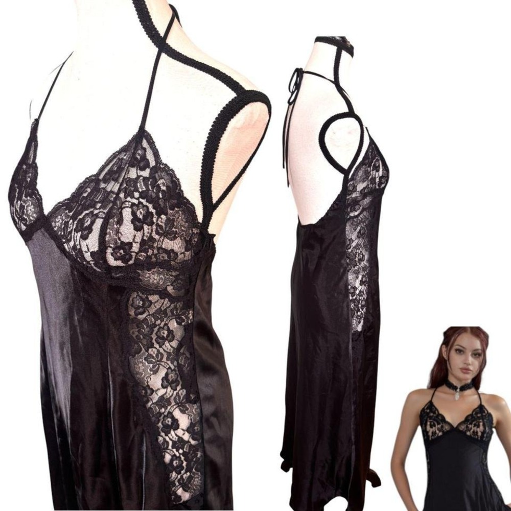 Y2K VINTAGE FREDERICKS OF HOLLYWOOD BLACK LACE SATIN MAXI GRUNGE DRESS MEDIUM - Picture 4 of 6